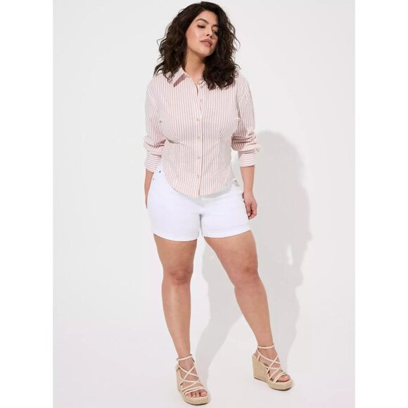 TORRID Cotton Crop Button Up Shirt Size 3X Dusty Rose Striped Smocked Back - Picture 3 of 11
